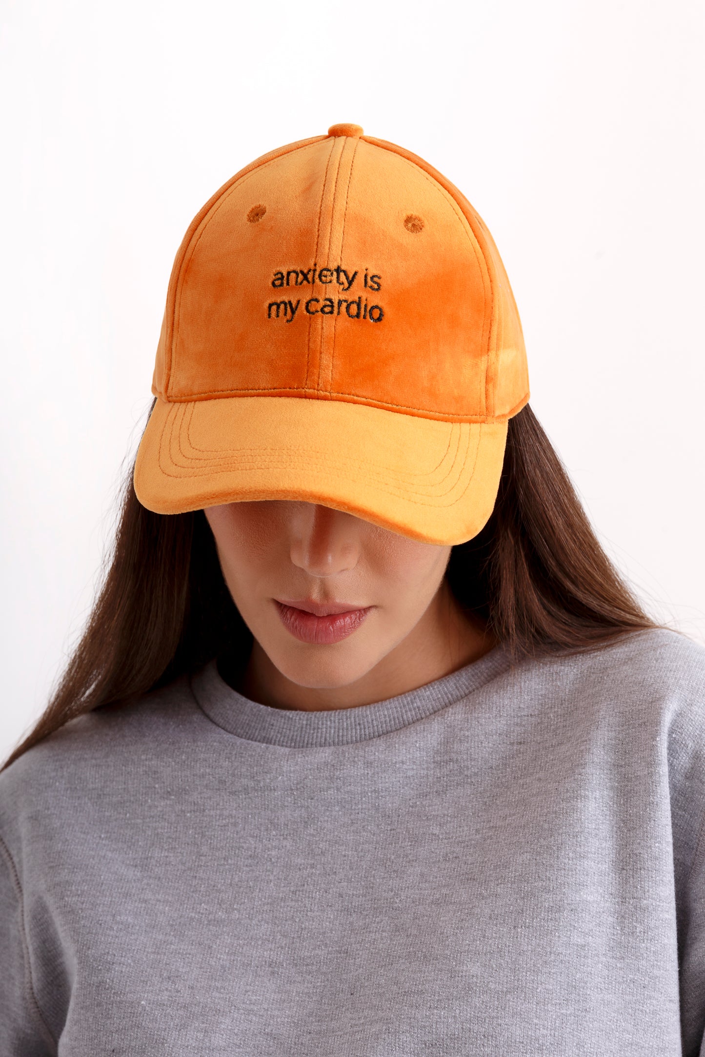 Blood Orange Velvet Cap "anxiety is my cardio"